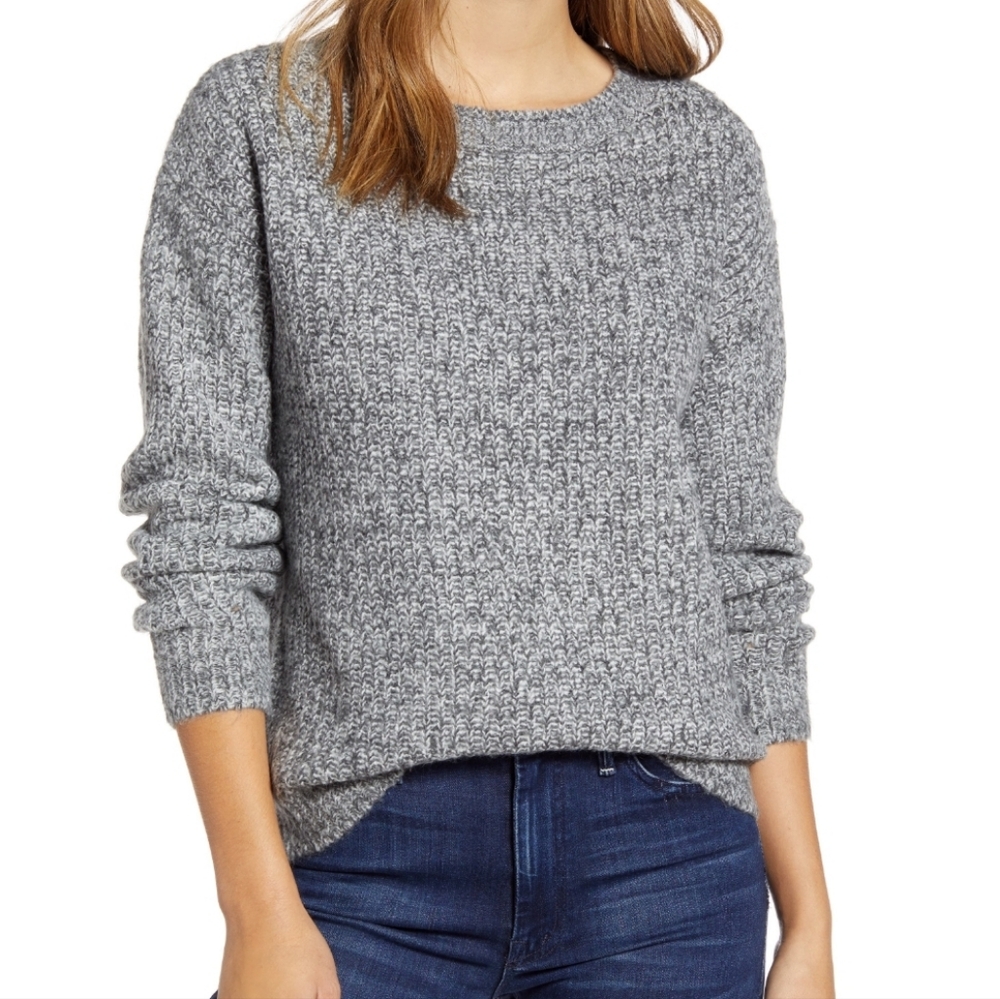 Caslon Heather Gray Fluffy Ribbed Crew Neck Sweater Sz XS